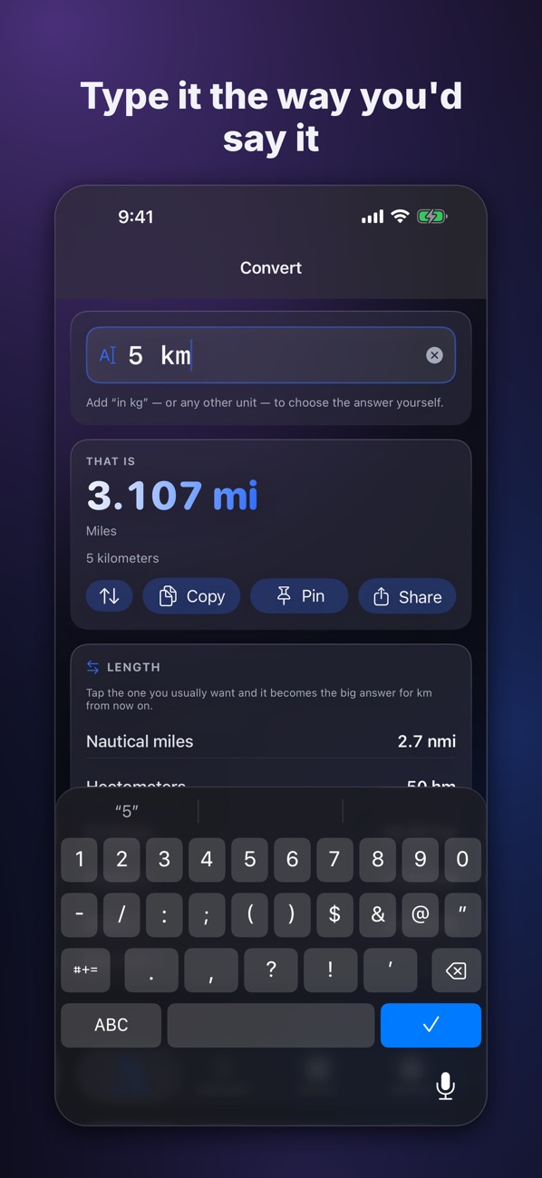 UnitSnap Convert screen for 5 km with the reverse, Copy, Pin and Share buttons