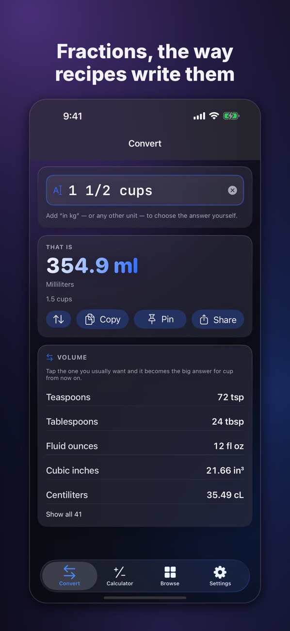 UnitSnap Convert screen with 1 1/2 cups typed, answering 354.9 ml