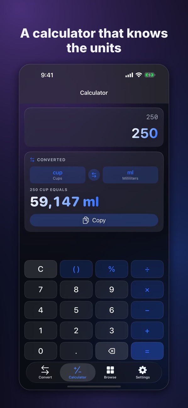 UnitSnap Calculator screen with 250 cups converted to 59,147 ml
